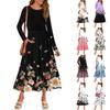 Women's Printed Casual Dress Spring Autumn Pocket Round Neck Long Sleeve Dresses