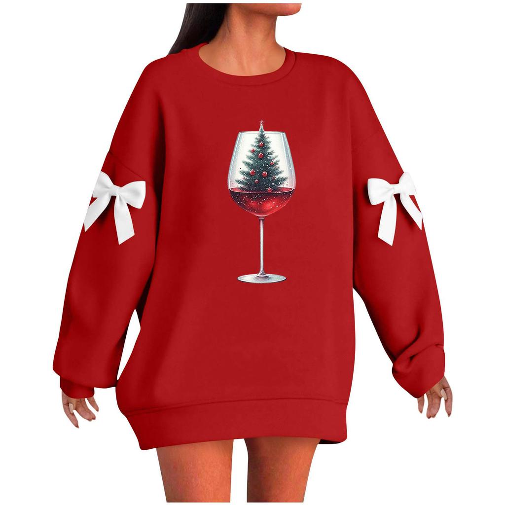 Ladies' Christmas Printed Bow Round Neck Long Sleeved Loose Pullover Sweater Sweatshirt Top