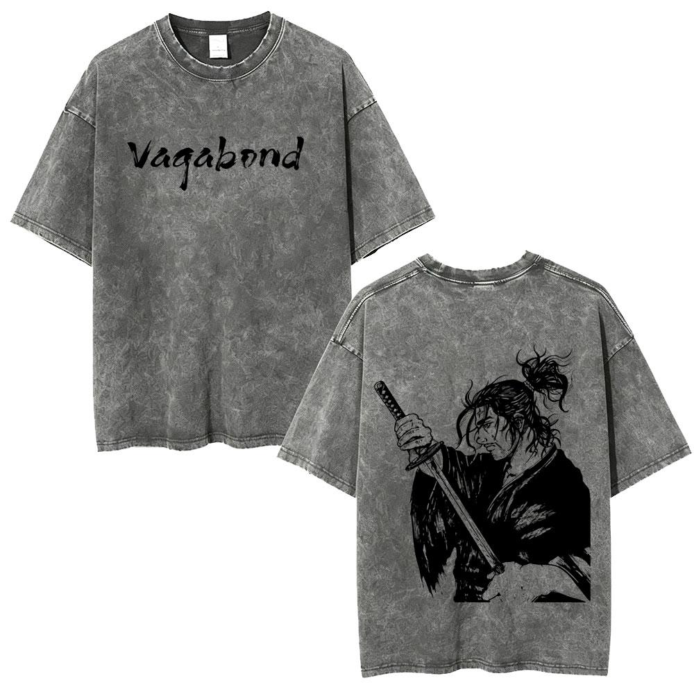 Anime Vagabond Miyamoto Musashi Vintage Washed T-shirt Men Casual Oversized T Shirt Men's Fashion High Quality Cotton T-shirts