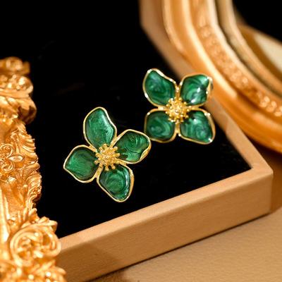 Винтажные зеленые серьги-цветы для женщин корейские винтажные циркониевые бохо свадебные серьги-пусеты pendientes
