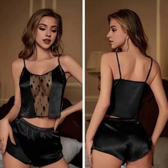 2 шт./комплект, женская пижама, атласная, регулируемая, на тонких бретельках, без рукавов, укороченный топ, прозрачная, кружевная, в стиле пэчворк, пижама для спальни, дома, повседневная ночная сорочка