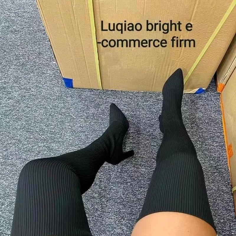 Женские сапоги выше колена Зимние вязаные эластичные носки до бедра Теплые сексуальные туфли на шпильках Острые длинные сапоги 35-43 botas mujer