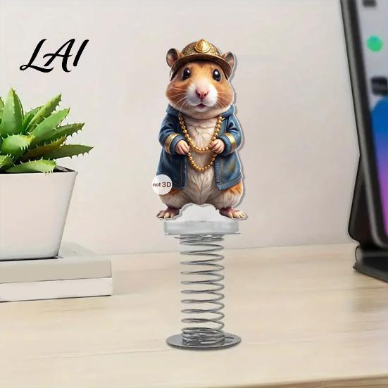 Office Desk Fun Accessory Cute Rat Funny Animal Ornament Car Dashboard Decoration with Gold Beads Chain 2D Flexible Spring Base Ornament Flat