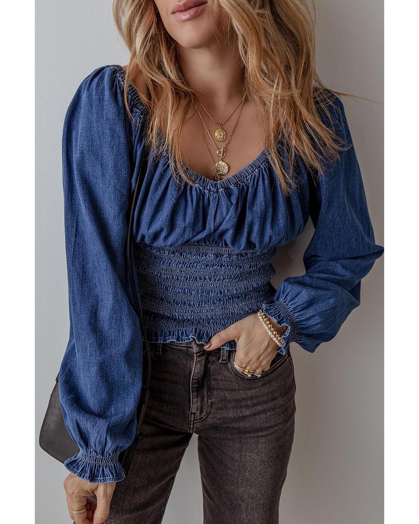 Azura Exchange Темно-синяя джинсовая блузка с V-образным вырезом и присборенными рукавами-фонариками