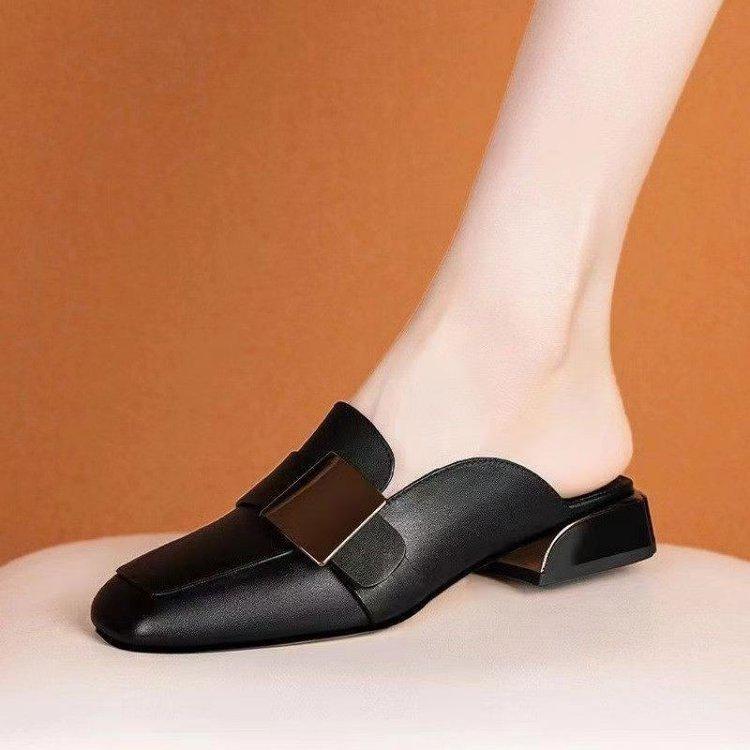 Женские французские ретро мюли с квадратным носком и средним каблуком - Летние лоферы в британском стиле с закрытым носком
