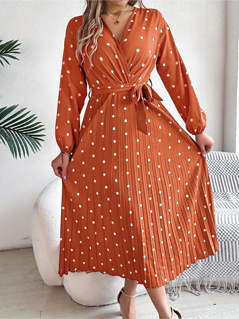 V Neck Printed Overlapping Dress Waist Hugging  Elegant Pleats Wave Point Dress for Women Long Sleeve Loose Dresses Causal Dress