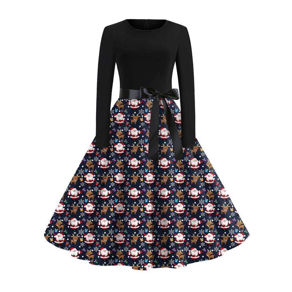 Женское винтажное классическое платье с длинным рукавом и рождественским принтом, свободное платье с круглым вырезом