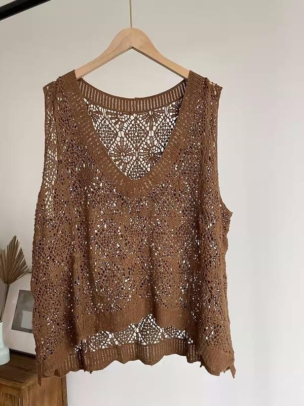 Stack Out The Surprise Хлопковая нить Полый жилет Женский V-образный вырез Трикотажный жилет Универсальный литературный тонкий летний жилет Жилет