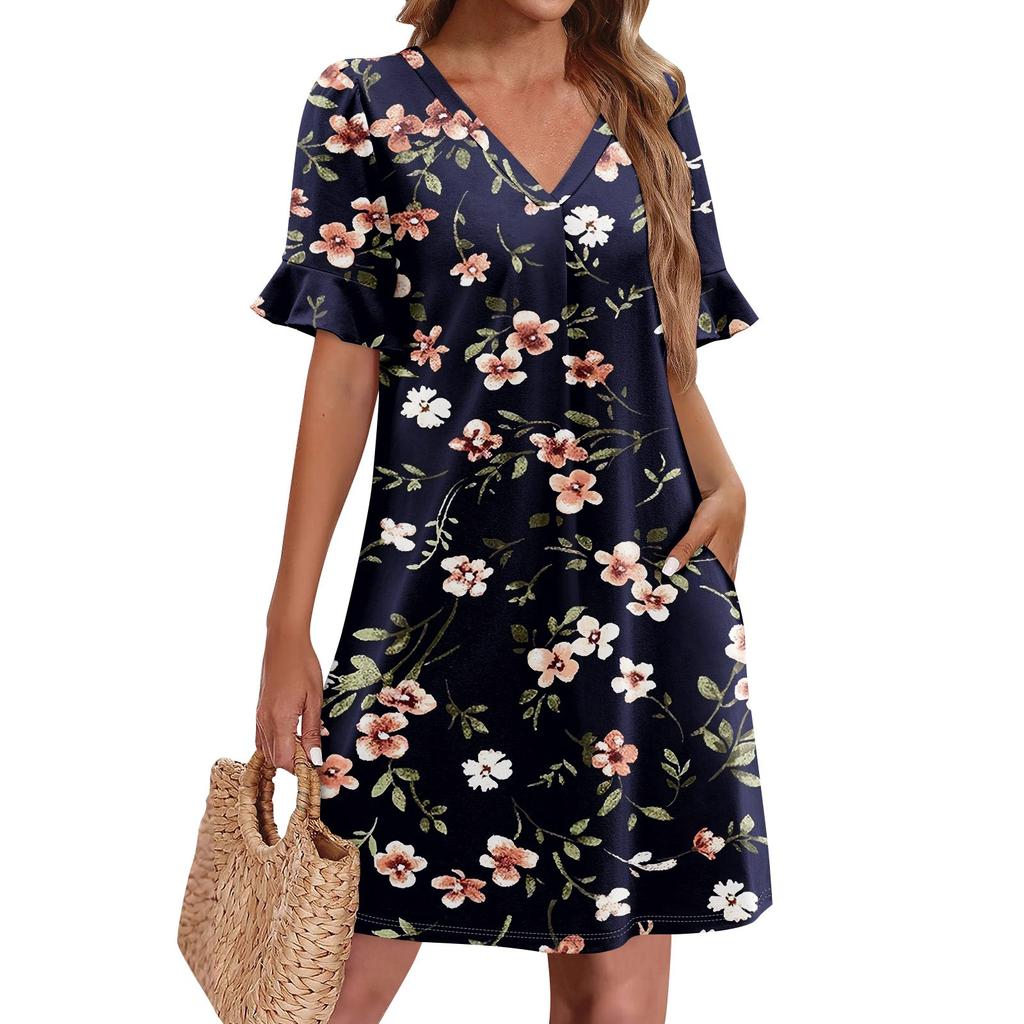 Летние платья для женщин с V-образным вырезом, оборками и коротким рукавом, повседневное свободное платье с принтом, пляжное платье с карманами