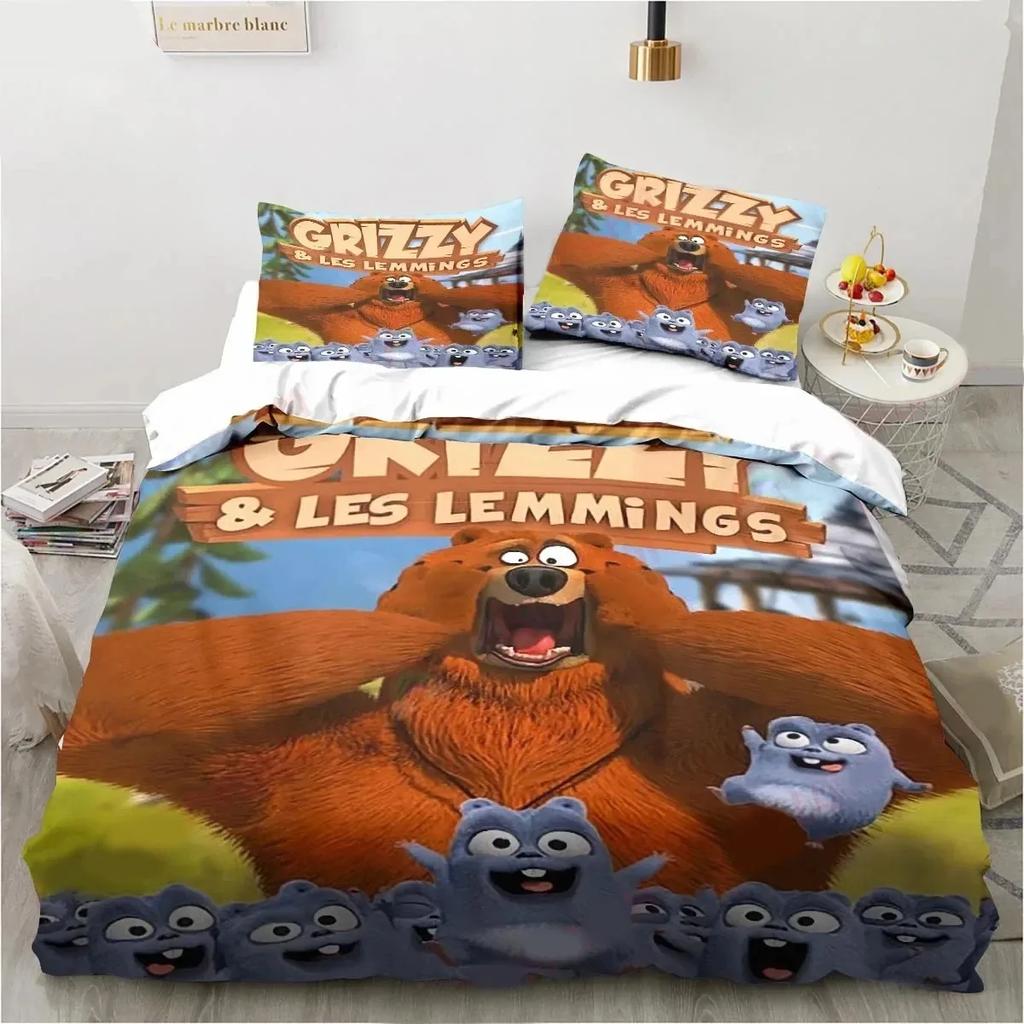 Cartoon Grizzy N Lemmings Bedding Set Duvet Cover Bed Set Quilt Cover Pillowcase Comforter King Queen Size Boys Adult
