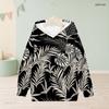 Girls Long Sleeve Hoodie Black Tropical Leaf Printed Pullover With Ribbed Cuffs