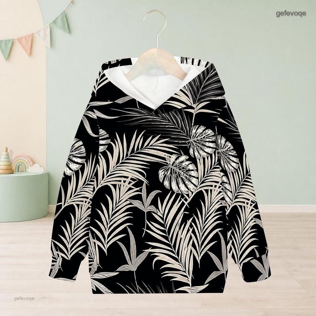 Girls Long Sleeve Hoodie Black Tropical Leaf Printed Pullover With Ribbed Cuffs