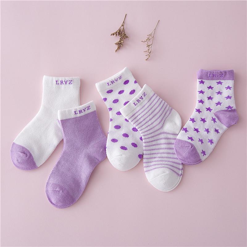 5 Pairs Summer Mesh Cotton Baby Socks Dots Stripes Plain Breathable Toddler Kids Socks For Newborn Boys Girls Age 0-6 Years