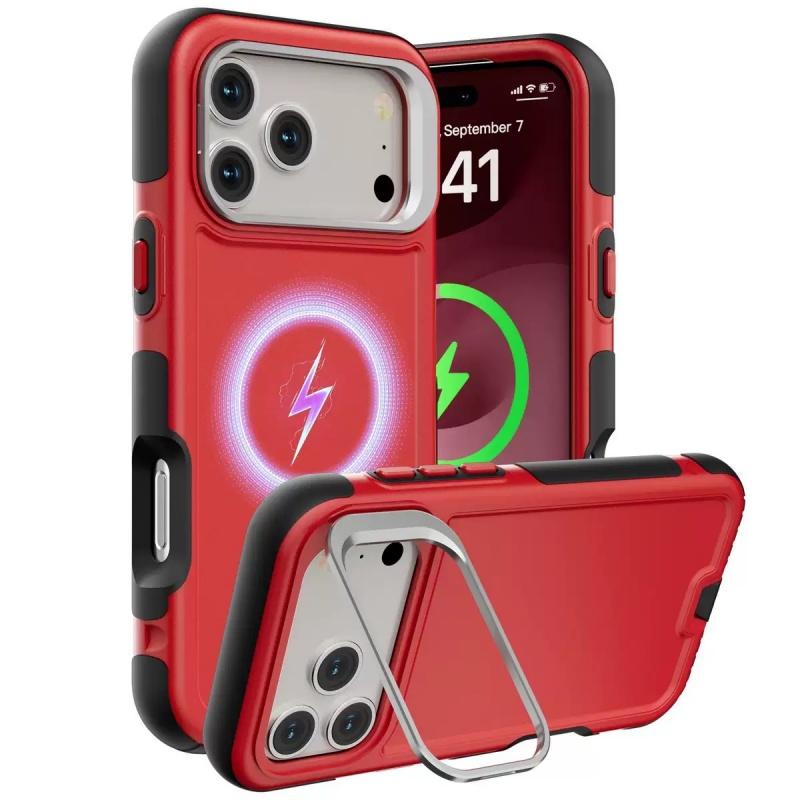 2026 New Arrival 3 Layers TPU + PC Magnetic Armor Mobile Phone Case Camera Holder for Iphone 17 Air Pro Max Wireless Charge Case