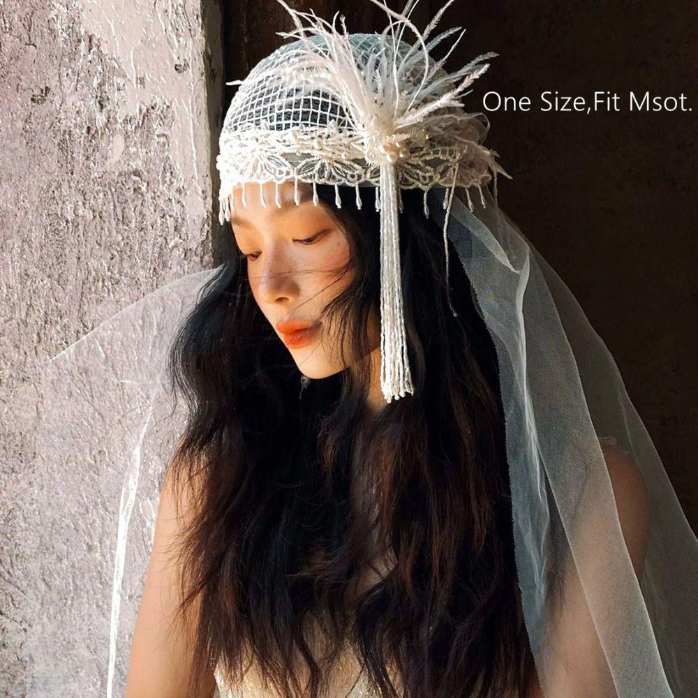 French Style Bride Lace Bow Long Headband Retro Embroidered Bride Wedding Headwear Wedding Veil
