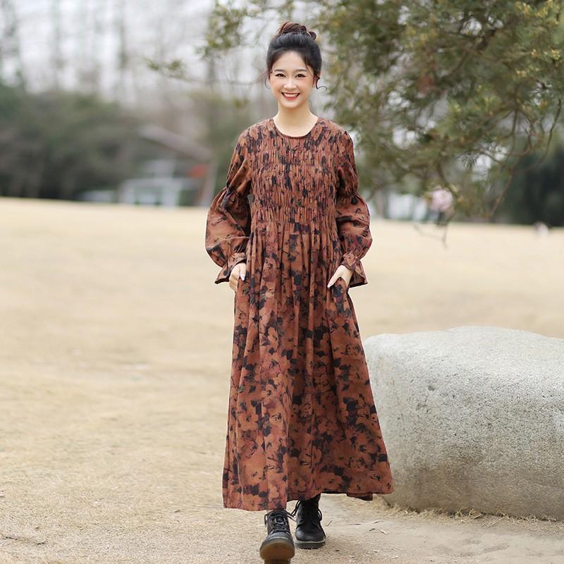 Johnature Женское осеннее платье с длинными рукавами и принтом, свободное платье в стиле ретро с круглым вырезом и рукавами-фонариками