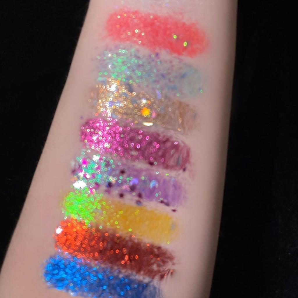 9-цветный гель, Цветные блестки, 9-цветные тени для век без клея, Сценический макияж для выступлений, Крупные блестки, Суперсияющие.