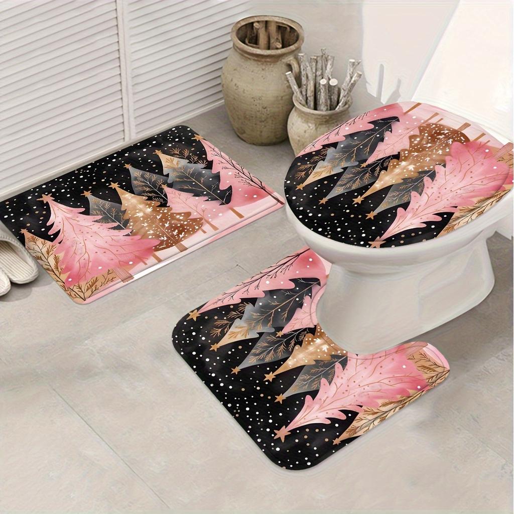 Набор из 4 предметов: шторка для душа для ванной комнаты, розовая с рисунком рождественской елки, занавеска для ванной с 12 крючками, коврики с противоскользящим покрытием, коврик для крышки унитаза, перегородка для ванной