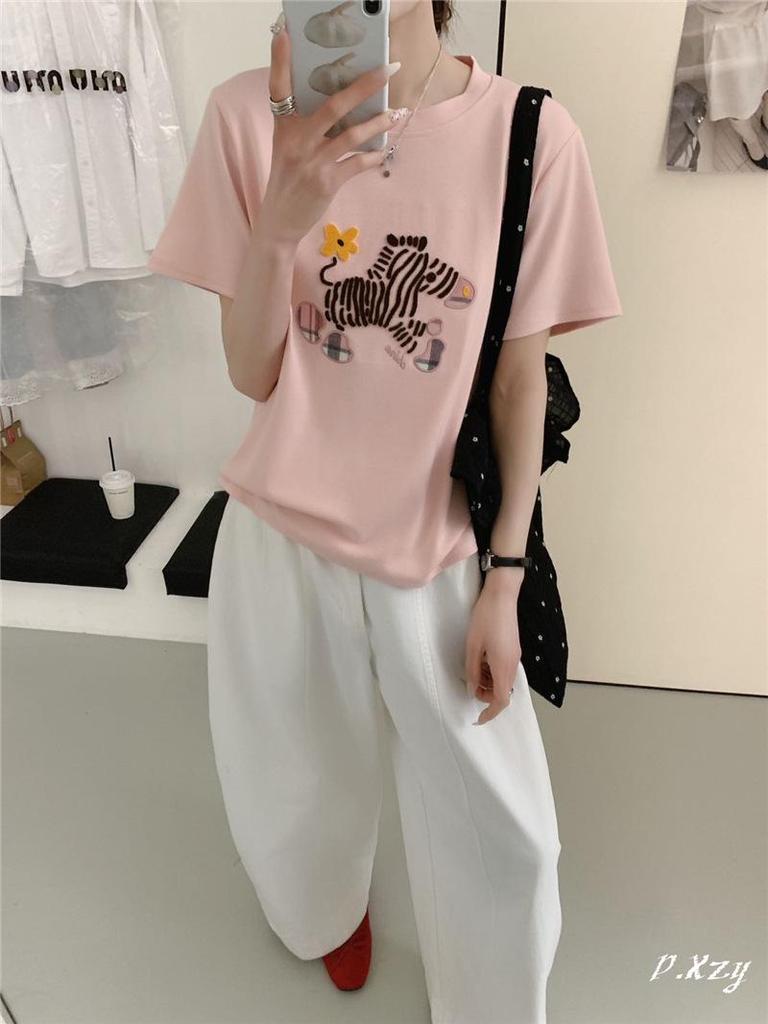 Korean Style Cartoon Zebra Embroidery Women's Loose Cotton Short Sleeve T-shirt