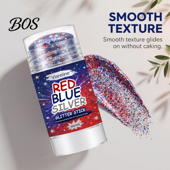 Music Festival Makeup Stick 30G Independence Day Body Glitter Stick, Patriotic American Flag Face Hair Beginner Friendly Glitter Red Blue Silver-color