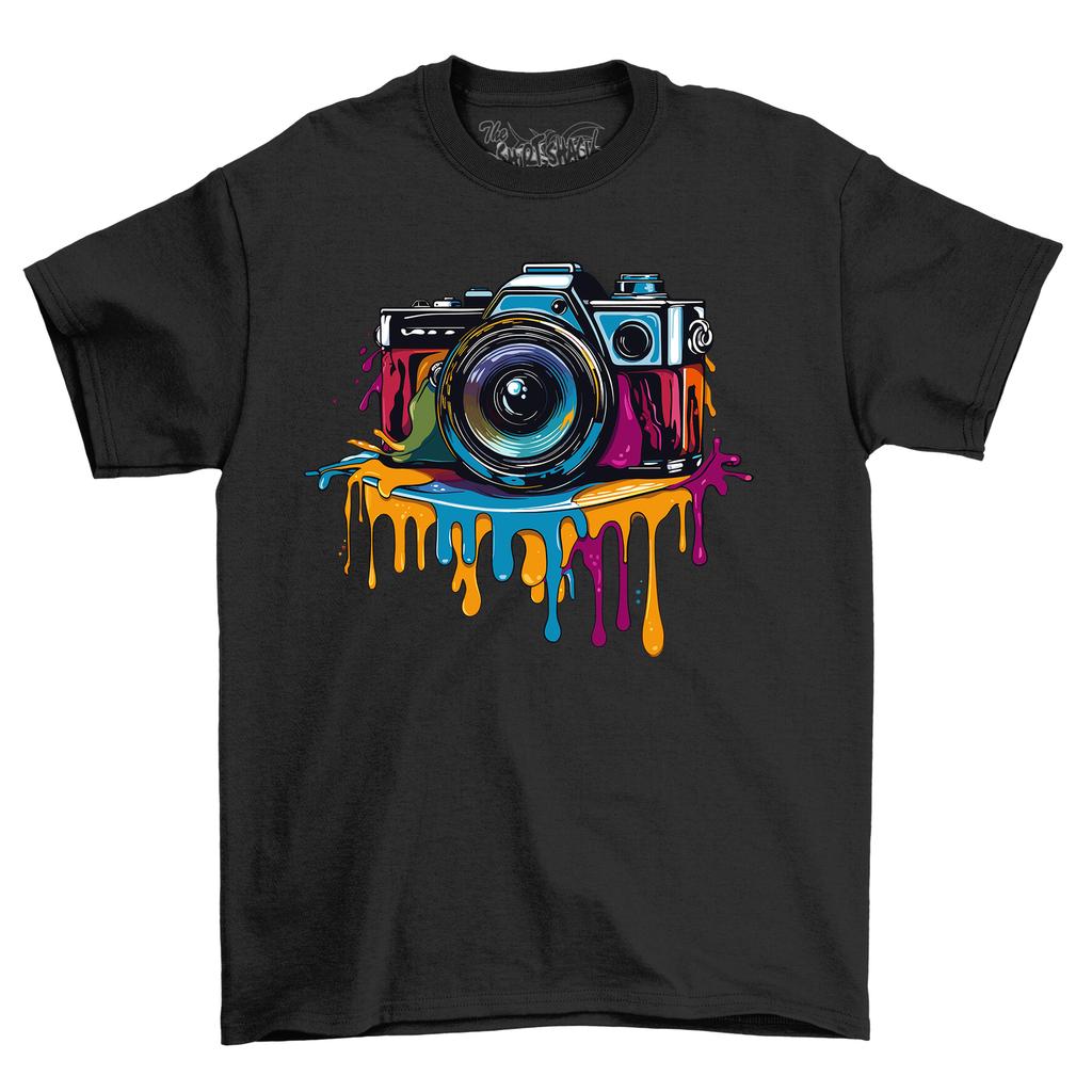 Retro Camera Paint Drip Design T-Shirt Mens Womens Tees Top - Snap Out of Boredom! Funny T-Shirt Mens Womens Tees Top, Uni