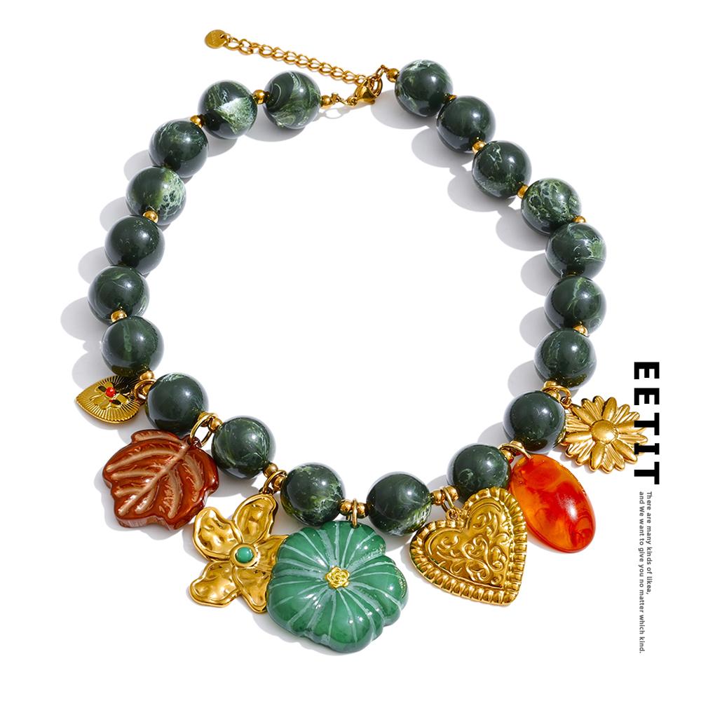 Eetit Цепочка из нержавеющей стали с зелеными акриловыми бусинами, Ювелирные изделия ручной работы, Подвеска-шарм в виде листа, цветка, сердца, Капля, Новинки 2025, Популярные