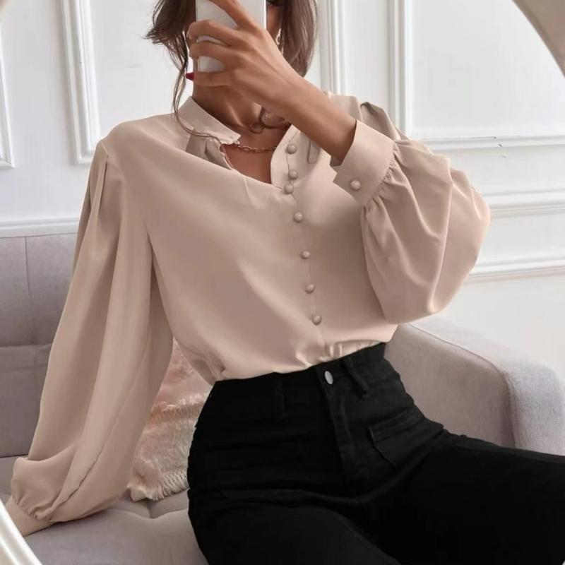 Women's Shirt Elegant Solid Color Lapel Long Sleeved Single Row Button Loose Women's Top