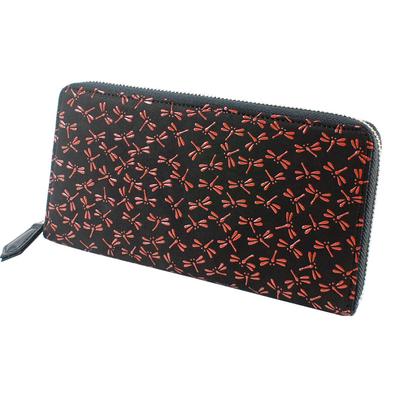Кошелек Inden Long Round из оленьей кожи, черный с красной стрекозой, Inden-ya, Кошелек, Y-образный, На молнии, Кожа, Лак, Узор, 2111-21-008