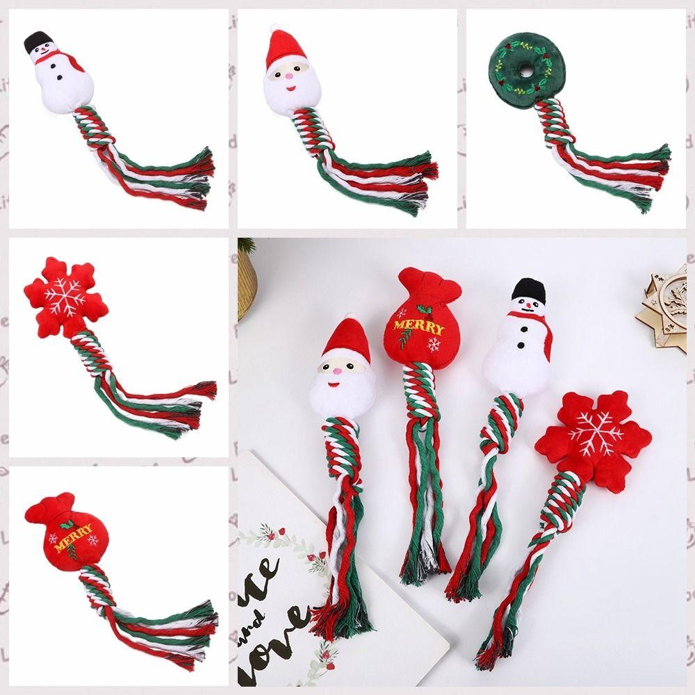Snowman/Christmas Tree Christmas Dog Toys Plush Snowflake/Doughnut Shape Dog Squeakey Chew Toys Bite Resistant Cotton Ropes