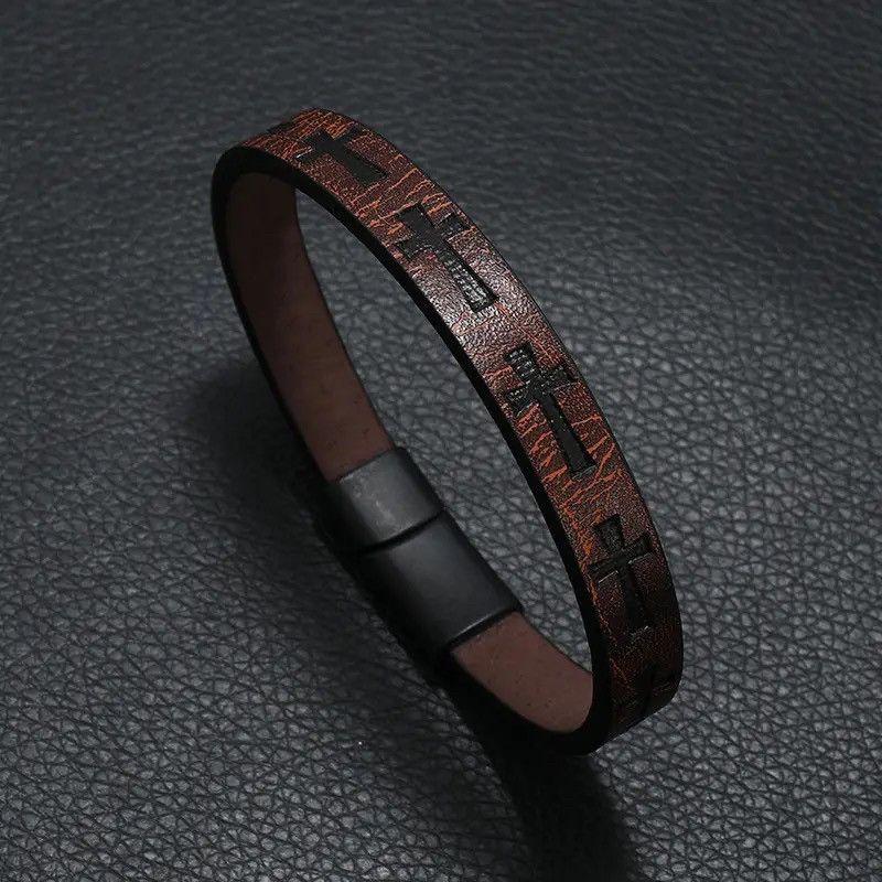 Fashion Retro Style Fashion Leather Bracelet Men Print Multi-Cross Magnetic Buckle Minimalist Bracelet Ins Special-Interest Design