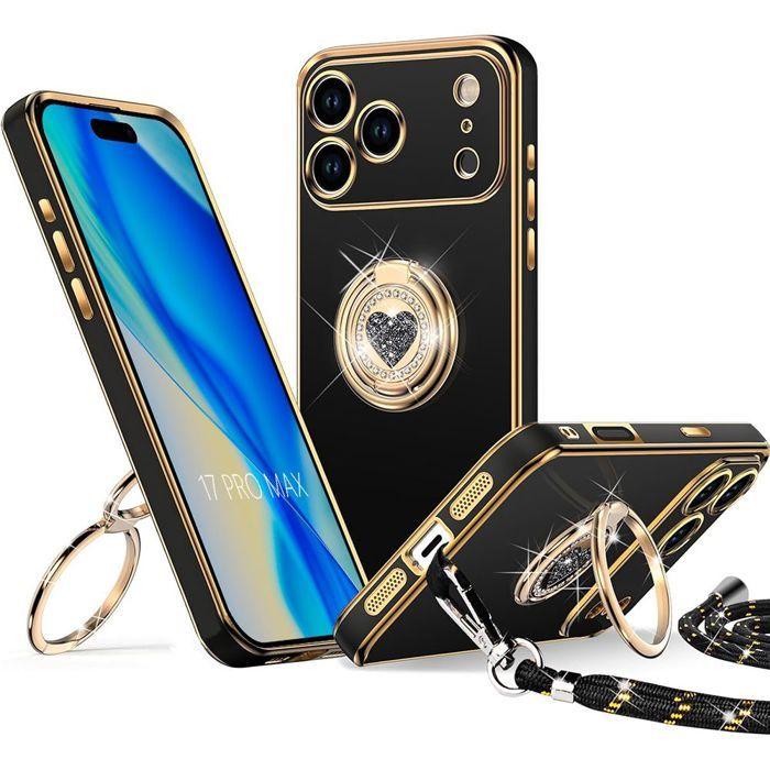 Coque de Protection - BOOLING - pour iPhone 17 Pro Max - avec Anneau Motif Cœur Brillant et Cordon - Noir