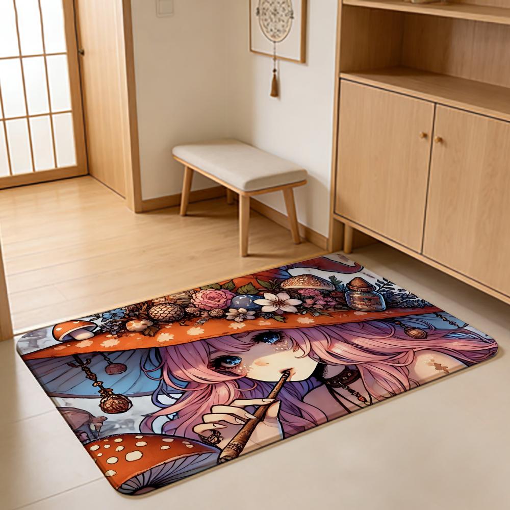 Anime M-Mushroom Witch Floor Mat Absorbent Floor Mat Non-Slip Entrance Rug for Bathrooms Restrooms and Toilets