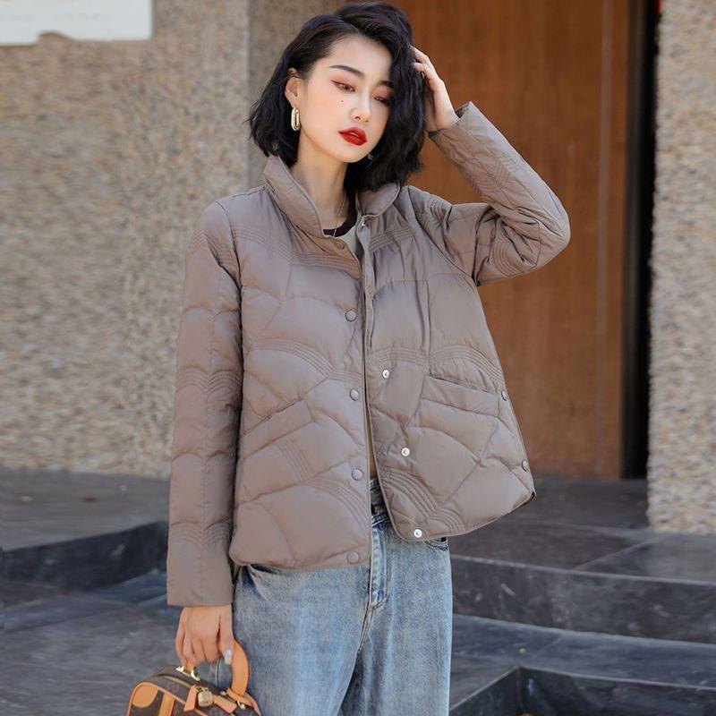 Женская ультралегкая белая куртка-пуховик на утином пуху, однобортное пальто с воротником-стойкой, черная повседневная короткая парка, верхняя одежда, топы Q518