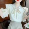 Летняя шифоновая блузка с бантом на шнуровке и оборками, повседневный французский сладкий топ с v-образным вырезом, женская рубашка 2023, рубашка с короткими рукавами, женская одежда, элегантная 27485