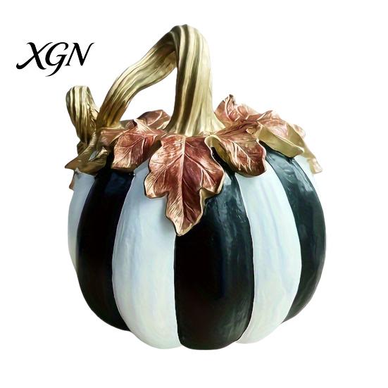 Hand Painted Retro Style Decor Black And White Striped Pumpkin Ornament, Resin Three Dimensional Sculpture Tabletop Centerpiece, Halloween Ornament