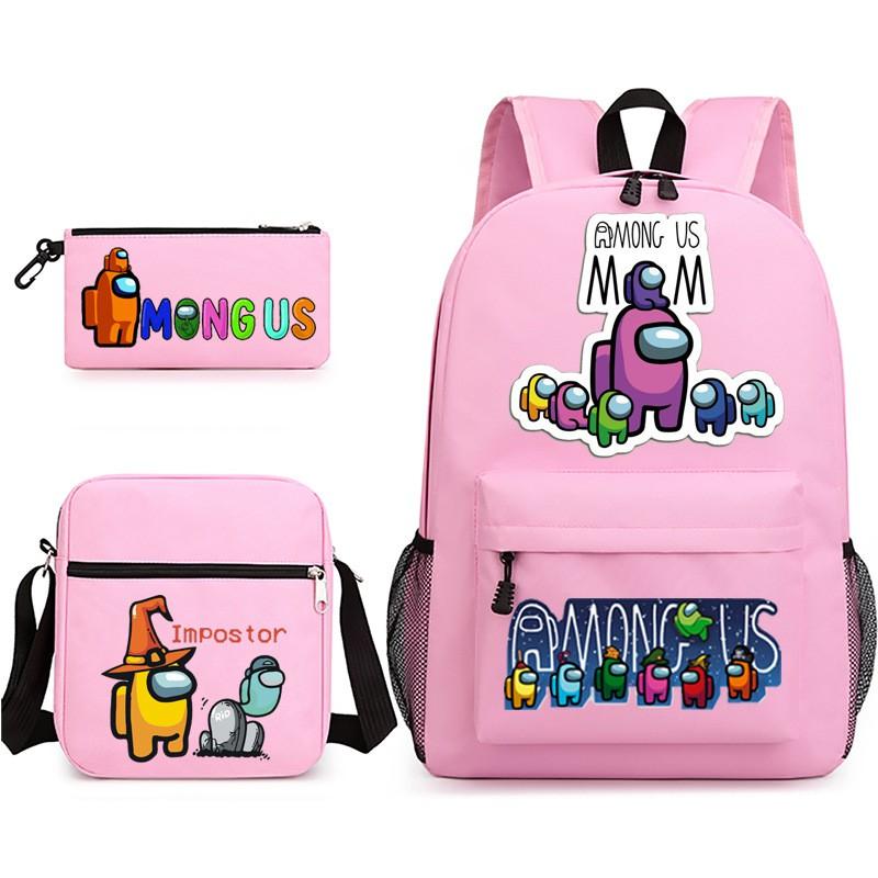 Among Us Cartoon Print Backpack Set Students 3-Piece Canvas School Travel Bag Street Style 20-35L Capacity