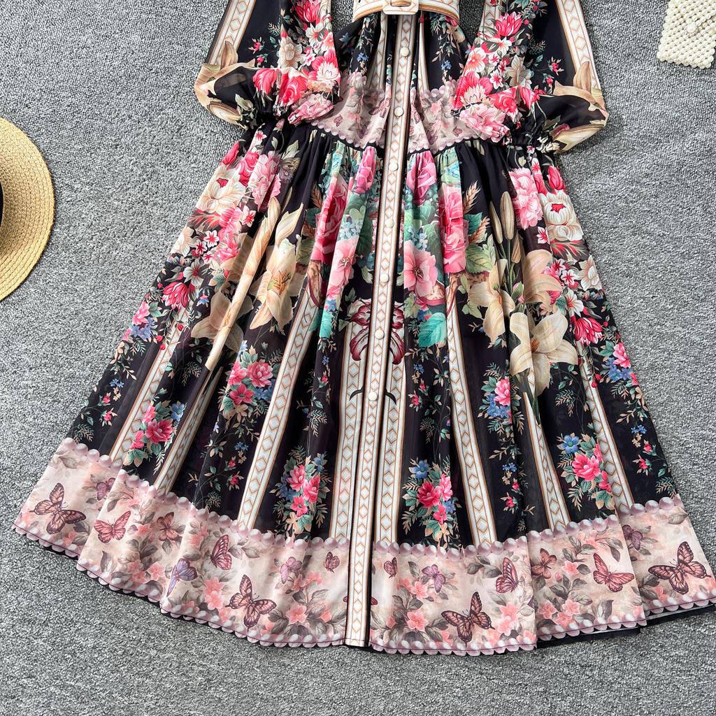 Spring Summer Women V-neck Vintage Print Chiffon Runway Dress Single Breasted Long Maxi Loose Holiday Beach Dresses with Belt