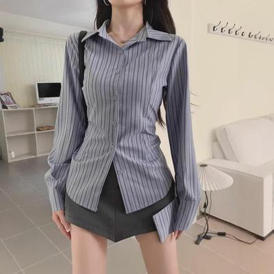 Синий полосатый облегающий топ с длинными рукавами для женщин - Stylish American Niche