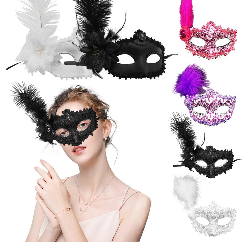 Venice Adult Masquerade Princess Mask Female Half Face Sexy Party Sexy Side Flower Ostrich Feather Mask Women Accessories
