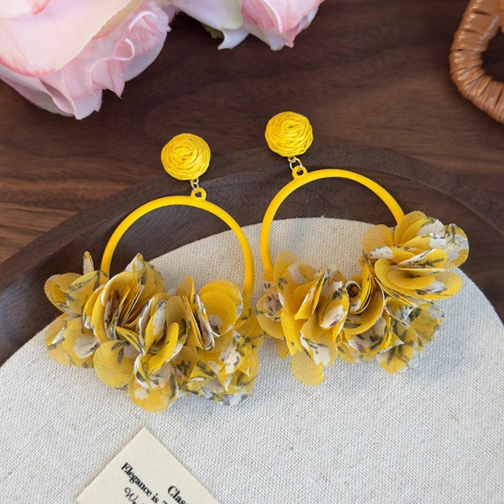 Colorful Fabric Flower Eardrop Sweet Exaggerated Earrings Fashion Mesh Flower Earrings Women