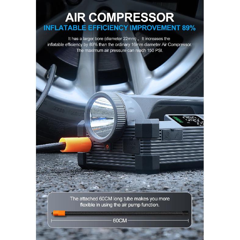 Пуско-зарядное устройство Camason Car Jump Starter 6000A/12V с компрессором для накачки шин, фонариком 15 Вт и функцией Power Bank 65 Вт