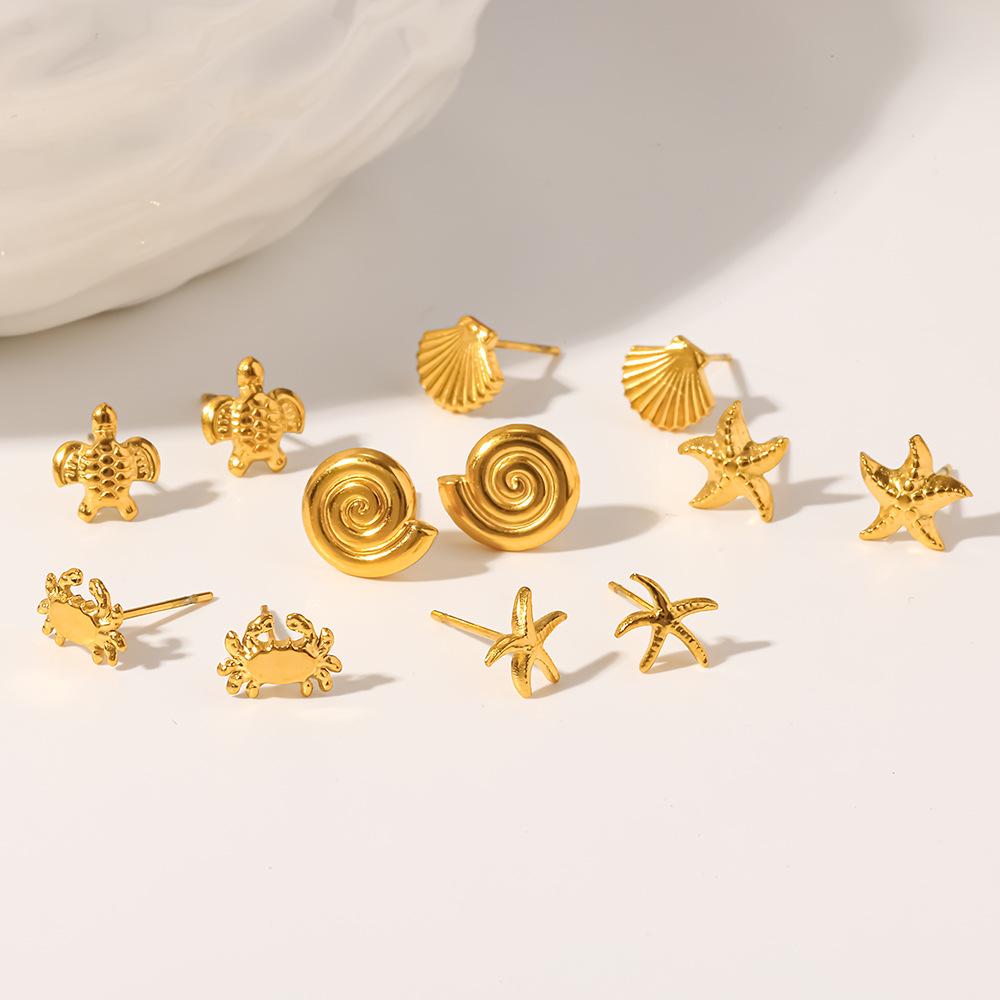 ins Ocean Series Set Earrings Plated 18K Gold Stainless Steel Shell Conch Versatile Small Earrings Earrings Women