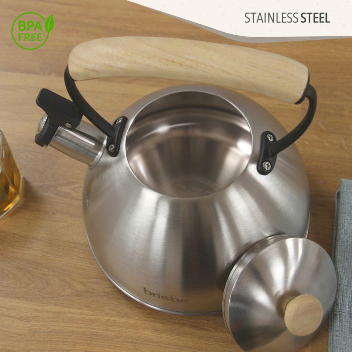 Bouilloire à Induction Théière Sifflet 2,3L Acier Inox. Retro, Poignée en Bois Briebe Wooden Inox