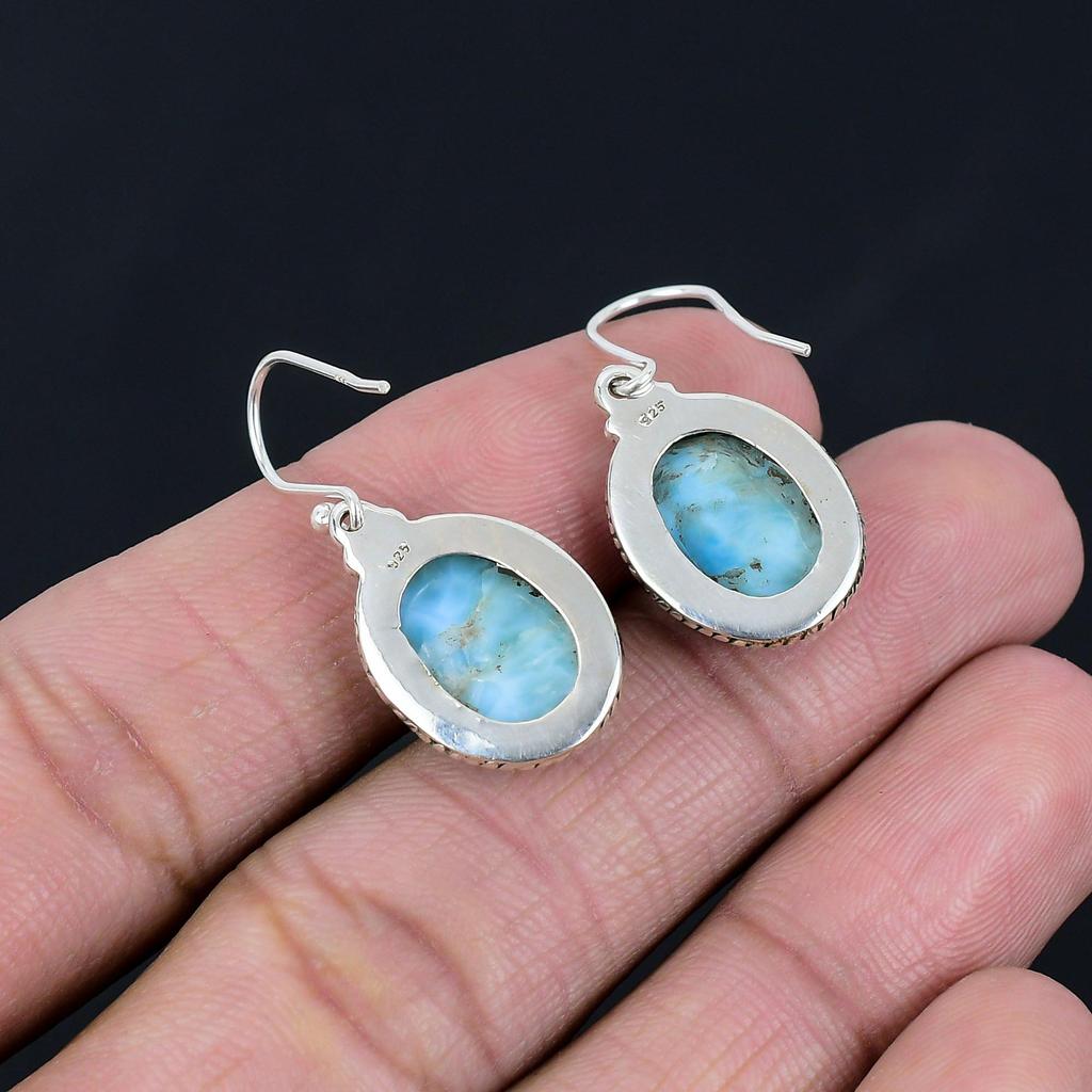 Larimar Gemstone Earrings Solid 925 Sterling Silver Handmade Earrings Jewelry Gift For Women And Girls E-1287