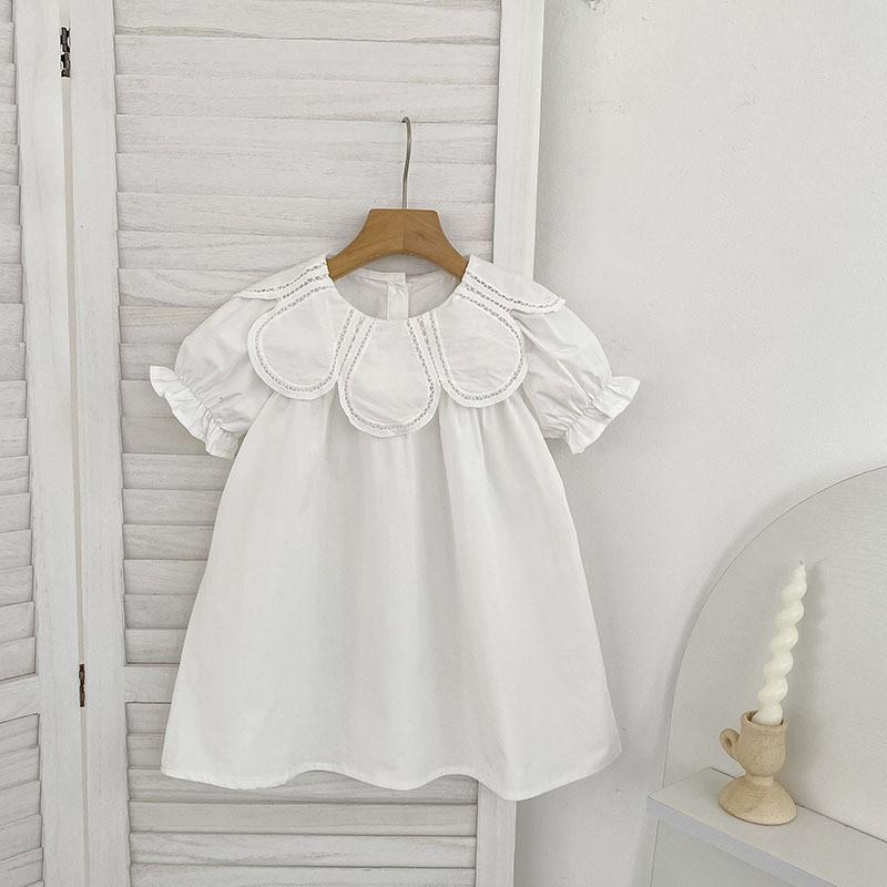 Girls Short Sleeve Dress Petal Neck Pure Cotton Princess Style Casual Kids