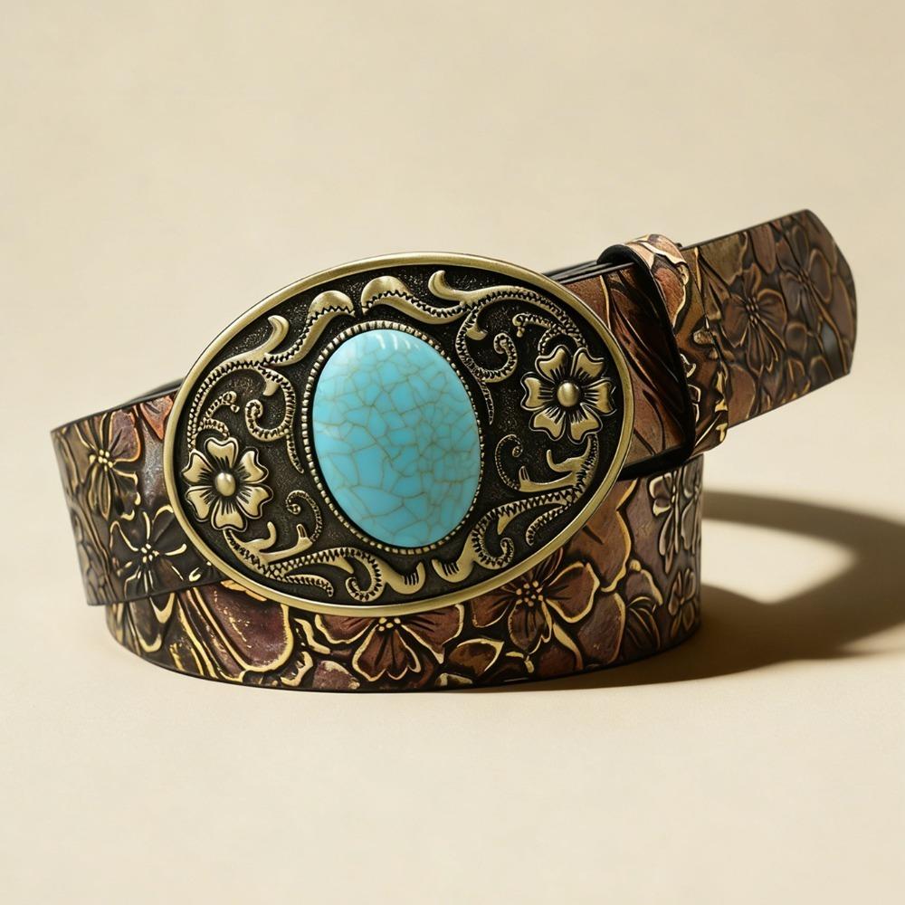 PU Leather Ethnic Waist Belt Retro Turquoise Inlaid Belt Casual Floral Embossed Belt Dress Jeans