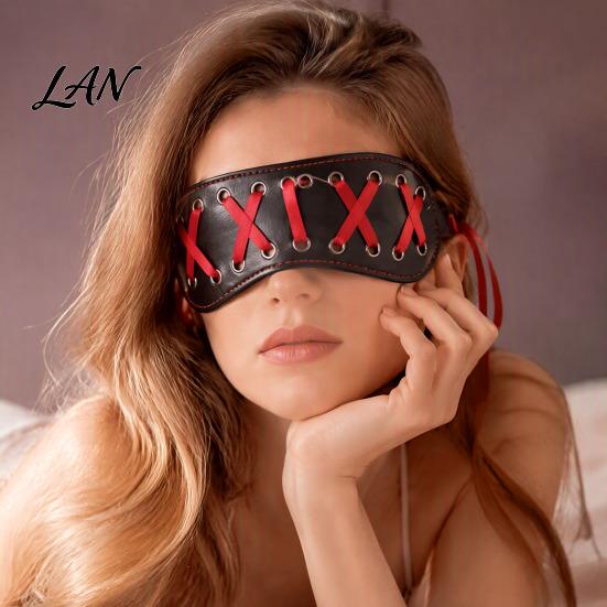 Light Blocking Mask for Rest And Play Black Faux Leather Blindfold Mask, Adjustable Bondage Eye with Red Immersive Sensory Amplification Ribbon, Sleep