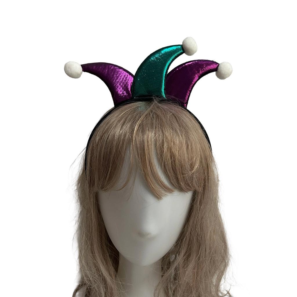 Регулируемый головной убор в стиле клоуна, фиолетовая блестящая ткань, отделка помпонами, аксессуар для волос для костюма на вечеринку