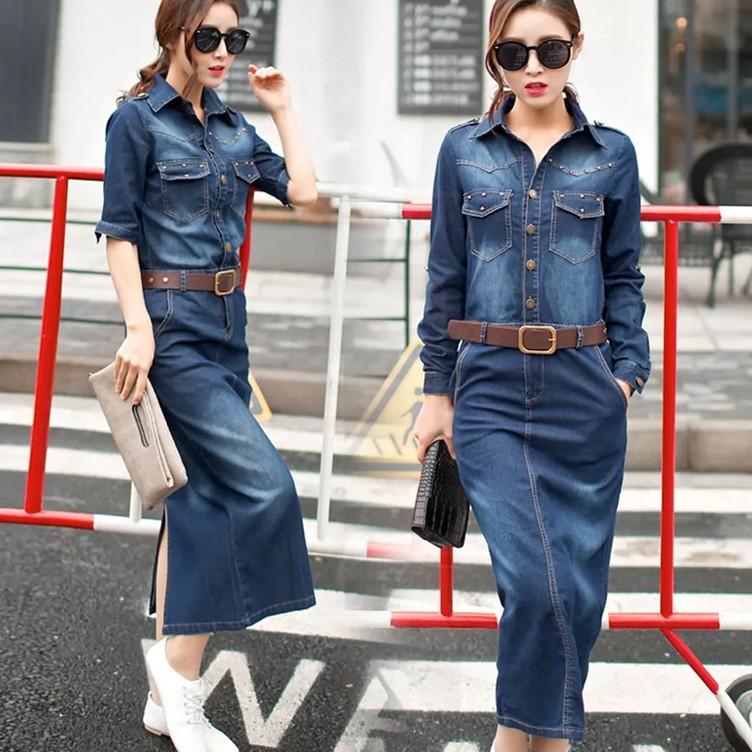 2024 Robe Jeans Dress Women Button Pocket Rivet Vintage Casual Long Denim Dresses Ladies Slim Bodycon Dress Robe Femme