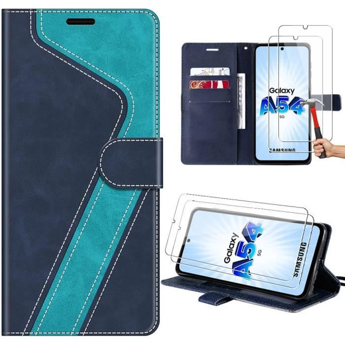 Coque pour Samsung Galaxy A54 5G + 2 Verres Trempés, Protection à Motif en Cuir PU avec Fentes pour cartes et Béquille -Bleu